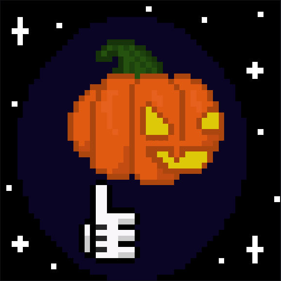 A low quality eight bit drawing of a jack o'lantern with fangs grinning at the camera. They're wearing cartoon gloves and doing a thumbs up at the camera. The background is navy blue with stars.